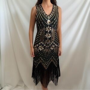 Vintage flapper sequin dress fringe midi black gold medium large glam